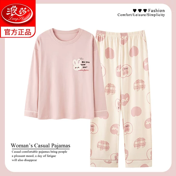 Đồ ngủ nữ mùa xuân và mùa thu cotton dài tay phục vụ tại nhà mùa thu và mùa đông mỏng phần mẹ kích thước lớn cotton phù hợp với mùa xuân - Bộ Pajama đồ bộ thun