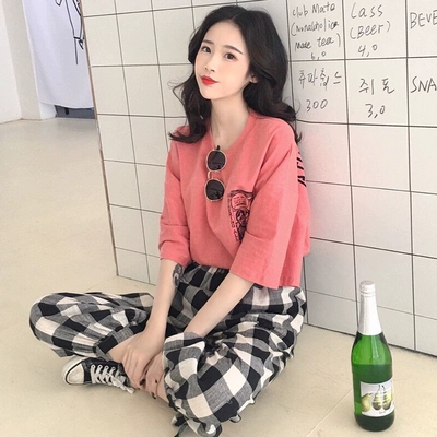 Hàn quốc thời trang giản dị phù hợp với nữ mùa hè mới lỏng in ngắn tay T-shirt + cao eo kẻ sọc chín-điểm cây ra hoa đồ bộ thun