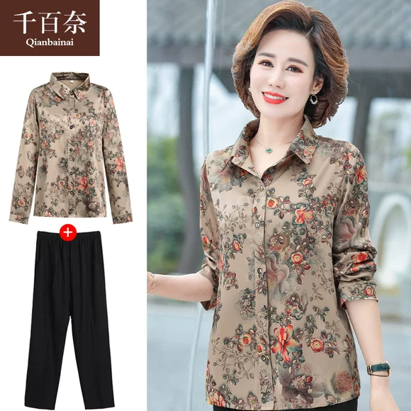 Áo thun nữ trung và dài tay cotton nữ chất liệu cotton sọc cổ tròn áo thun mùa xuân và mùa thu căng đáy quần lót đầm tuổi trung niên