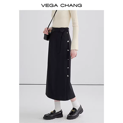 Hồng Kông-hương vị đơn ngực cao eo len váy nữ 2018 new chia ngã ba không thường xuyên túi dài hip váy bước váy chân váy xếp ly dài