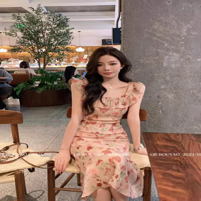 Mùa hè phiên bản Hàn Quốc 2019 mới Pháp retro eo cao giảm béo bên vuông tay áo năm điểm Một trang phục từ quần áo phụ nữ - A-Line Váy váy liền chữ a dáng dài