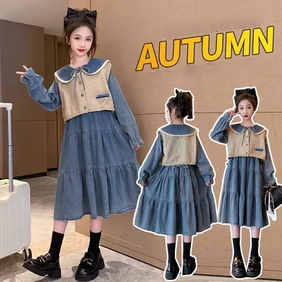 Quần Áo Trẻ Em Xuân Thu Denim Bộ Đồ Bé Gái Thời Trang Váy Công Chúa Thời Trang Thu Đông 8-9 Tuổi