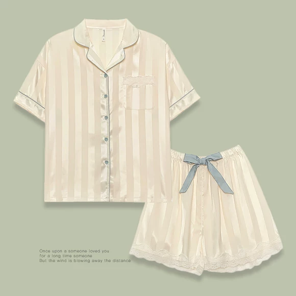 Bộ đồ ngủ bằng vải cotton ba mảnh dành cho nữ ngắn tay hai lớp sợi cotton mùa xuân hè và mùa thu phục vụ tại nhà phù hợp với quần short dài - Bộ Pajama