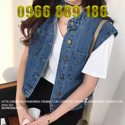 2016 mùa xuân và mùa hè phụ nữ mới của Hàn Quốc phiên bản của denim ngắn coat không tay đứng cổ áo là mỏng đơn ngực vest vest top