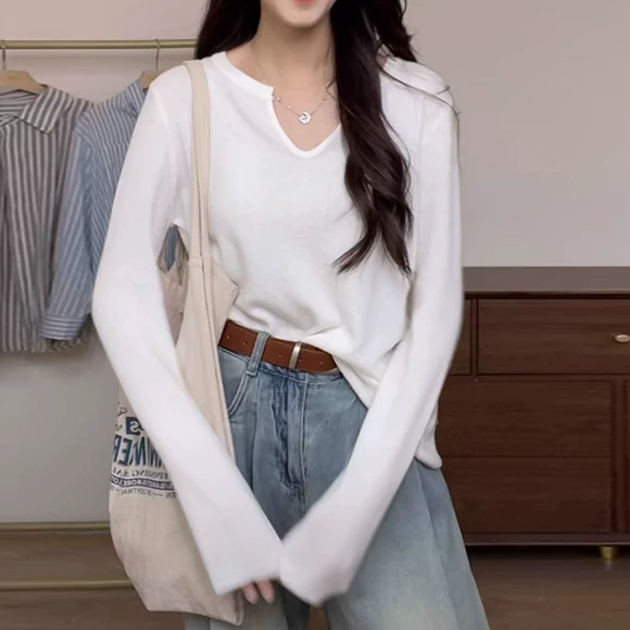 Cộng với phân bón XL cho nữ béo mm2019 mùa thu đông mới áo thun mới phiên bản Hàn Quốc của áo len dệt kim dài tay cổ chữ V - Áo len cổ chữ V