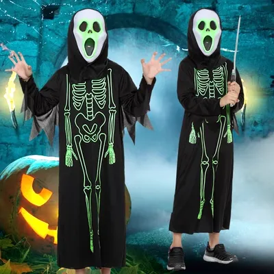 Trang phục hóa trang Halloween nhập vai dành cho người lớn, bé trai và bé gái, hóa trang, quần áo ma đầu lâu phát sáng