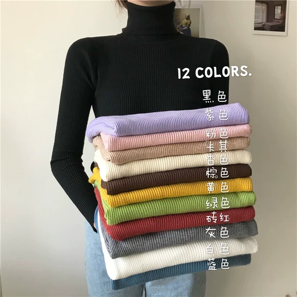 Phiên bản Hàn Quốc mới của áo len nữ màu 2018 thu đông đơn giản nửa cổ cao đan tay áo mỏng tay dài chạm đáy áo len nữ cao tuổi