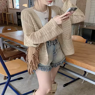 Mận nấu chín văn học cardigan retro chic đầu mùa thu áo sơ mi lười biếng rỗng đan áo khoác cổ tích 2018 new áo len thổ cẩm