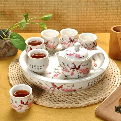 Kungfu bộ trà Jingdezhen màu xanh và trắng sứ gốm đôi cách nhiệt tách trà đặt khay trà tròn trà đặc biệt biển - Trà sứ bộ ấm trà đẹp