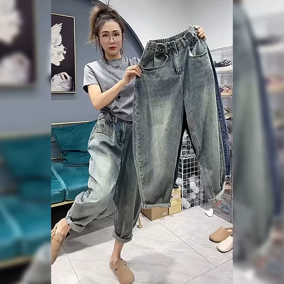 Thắt lưng thun và quần jeans nhung nữ sinh viên Hàn Quốc bf hoang dã mùa thu đông