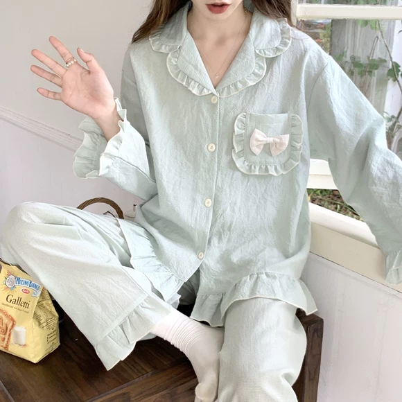 . Bộ đồ ngủ nữ Hàn Quốc ngắn tay mùa hè cotton tươi sinh viên hai mảnh phù hợp với Xiaqi phim hoạt hình dễ thương - Bộ Pajama bộ đũi nam