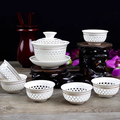 Màu xanh và trắng sứ nhỏ rỗng Linglong bộ trà gốm tổ ong bao gồm bát trà bộ hoàn chỉnh của bộ trà Kung Fu nhà bình pha trà có lưới lọc inox