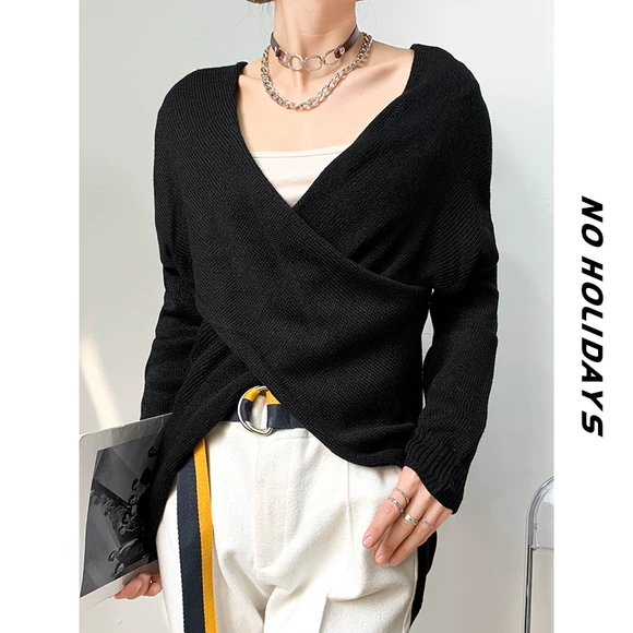 D2018 new chic áo len đầu mùa thu v-cổ dài tay áo len ren khâu đáy áo gợi cảm 5909 áo len cổ cao
