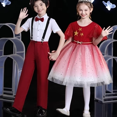 Trang phục hợp xướng trẻ em, váy tutu, trang phục khiêu vũ, trang phục ngâm thơ màu đỏ của học sinh tiểu học và trung học, trang phục hợp xướng lớn