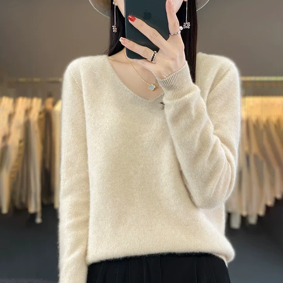Áo len mùa thu 2018 mới cho nữ tay dài đôi cổ chữ V màu rắn phiên bản Hàn Quốc của áo sơ mi bó sát bó sát áo khoác len