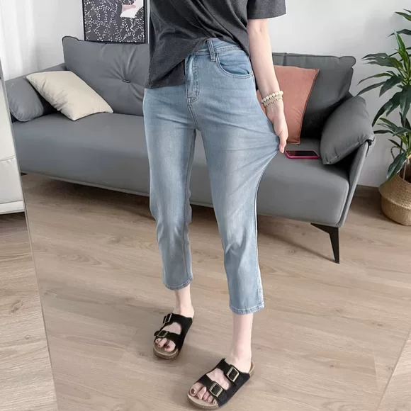 Cửa hàng chính thức yêu quần espresso nữ mới cao eo thẳng quần jeans ống chân bó sát mùa thu - Quần jean thoi trang nu