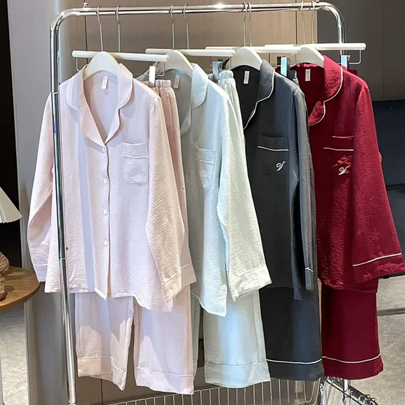 Bộ đồ ngủ bằng lụa cotton cho nữ mùa xuân và mùa hè Quần dài tay cotton Bộ đồ ngủ bằng vải lụa hoa nhân tạo tăng độ phù hợp với dịch vụ gia đình - Bộ Pajama áo kiểu nữ đẹp tuổi 35