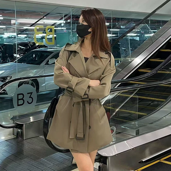 Áo khoác nữ mùa thu 2018 mới cho nữ thời trang Hàn Quốc thắt lưng hoang dã thắt lưng nhỏ chắn gió nữ dài áo khoác gió nữ