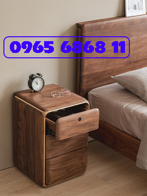 Tủ để đầu giường gỗ óc chó phong cách Bắc Âu tủ đầu giường gỗ đặc cạnh tròn khóa vân tay thông minh