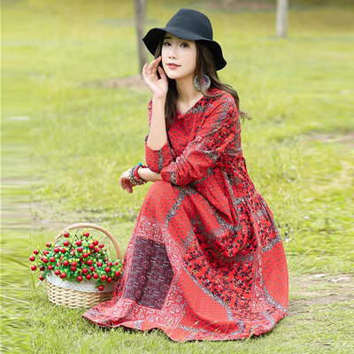 Đầm nữ quốc thu đông 2018 thu mới nguyên bản dài phần rộng size rộng in hoa cotton và vải lanh 	váy suông cột dây eo