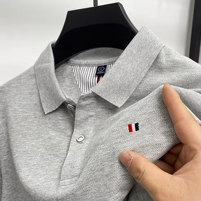 Mùa hè mới băng lụa cotton ngắn tay áo thun nam ve áo màu rắn lỏng nam kinh doanh thêu áo polo thủy triều - Polo polo nam