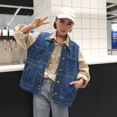 Mùa xuân và mùa hè Hàn Quốc ulzzang không tay vest denim jacket nữ sinh viên loose bf hoang dã vest áo khoác áo sơ mi áo dạ nữ dáng ngắn