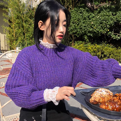 Mùa thu đông Hàn Quốc sang trọng ngọt ngào cao cổ áo ren đáy quần + tay áo màu tím tay áo dày kim thanh đan áo len áo nữ trung niên