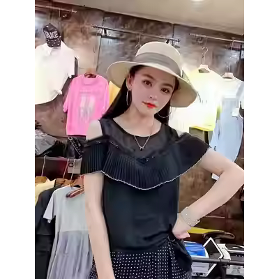 Đầm ren lệch vai voan thời trang mùa hè thon gọn Áo sơ mi nữ ngắn tay sơ mi sơ mi sơ mi - Áo sơ mi chiffon ren áo sơ mi nữ sọc