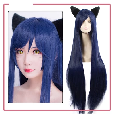 Noki Liên Minh Huyền Thoại LOL Cáo Chín Đuôi Ahri Cos Tóc Giả 100CM Màu Xanh Đậm Đa Năng Cosplay Tóc Giả