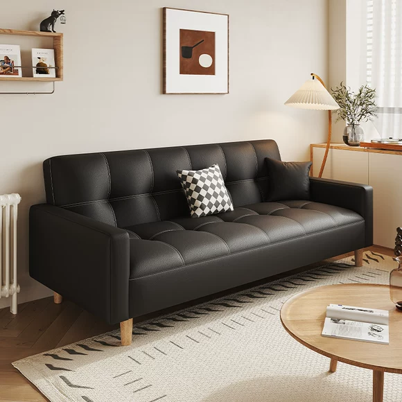 Sofa gỗ bọc da cao cấp kết hợp da bò nhỏ căn hộ nhỏ sang trọng sofa phòng khách tro gỗ nội thất hiện đại tối giản - Ghế sô pha sofa bed mini