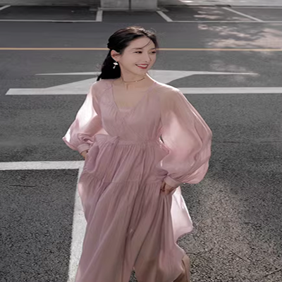 Wei ◆ Han Paiqiu cửa hàng giảm giá thương hiệu mới của phụ nữ bằng gỗ cổ áo gạc cao váy giữa váy ren - Váy dài váy len dài hàn quốc