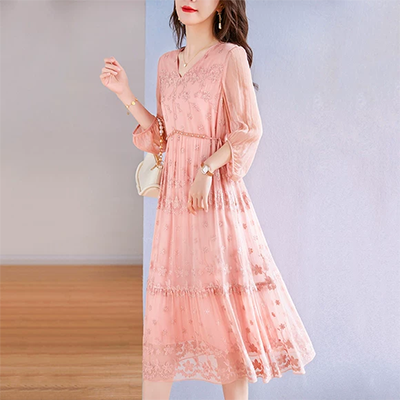 Váy ngắn tay 2019 mùa hè mới của phụ nữ Pháp retro qua đầu gối Váy cổ chữ V dài bất thường - váy đầm đầm nữ