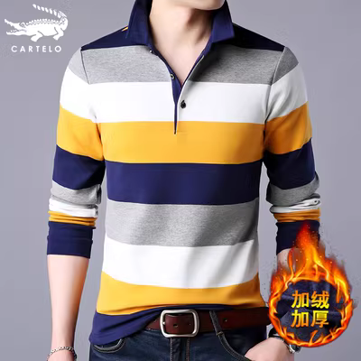 Cá sấu mùa đông cộng với áo thun polo nam trung niên cotton ve áo nam dài tay áo thun dày từ bi cha quần áo ao thun polo nam