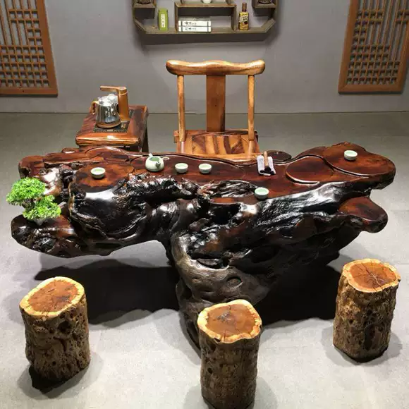 Gỗ rắn trụ gỗ băng ghế gỗ gốc cây cơ sở khắc phân phân bàn cà phê bàn ​​trà với phân lớn tấm khung - Các món ăn khao khát gốc