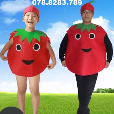 Halloween trẻ em thân thiện với môi trường trình diễn thời trang trang phục trái cây trang phục cha mẹ và con cà chua biểu diễn trang phục cà chua quần áo