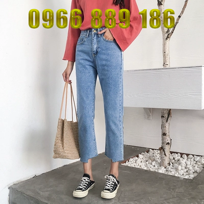 Jeans chân rộng nữ 2018 mùa xuân mới Hàn Quốc phiên bản khâu lỏng thô cạnh cao eo thẳng chín điểm denim rộng chân quần