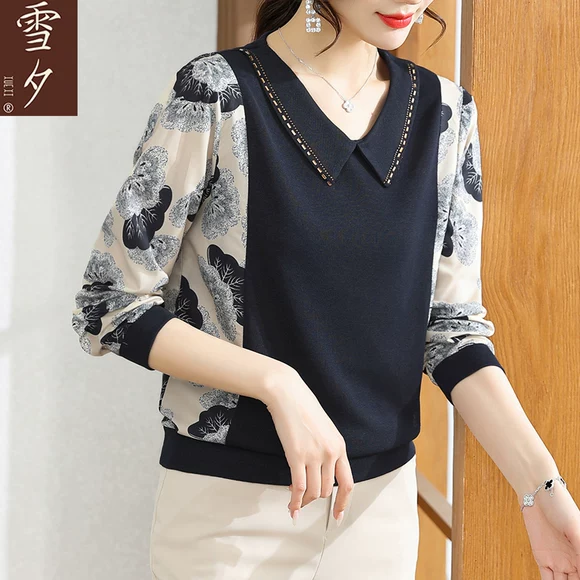 Mẹ tải xuân hè tay áo mới chạm đáy áo sơ mi nữ trung niên áo thun thêu tay áo cũ 7 tay áo - Quần áo của mẹ quần áo tuổi trung niên