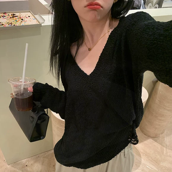 Mùa thu mới khí chất đan áo phụ nữ thon gọn áo sơ mi chạm đáy hoang dã thời trang gợi cảm áo len dài tay áo khoác mỏng nữ