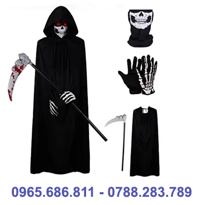 Trang phục Halloween cho người lớn và trẻ em, áo choàng đen, áo choàng phù thủy, trang phục cosplay huỳnh quang đầu lâu tử thần áo choàng haloween