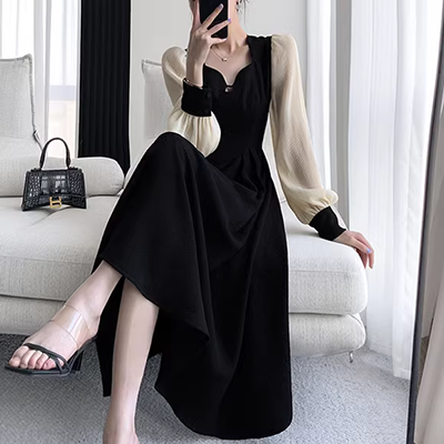 Mùa hè 2019 mới của phụ nữ gợi cảm mỏng cổ áo mỏng tay áo một từ nhỏ váy đen thắt lưng váy - A-Line Váy