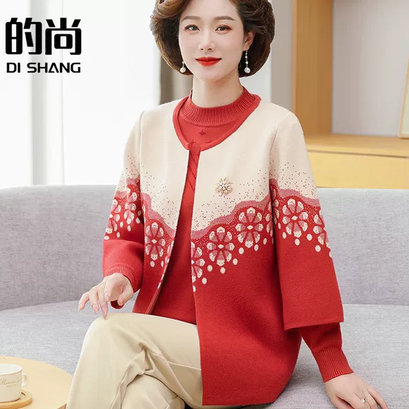 Áo len mới 2016 dành cho nữ dài tay áo dài tay mẹ cổ tròn in túi đeo hông dày áo sơ mi nữ dày đầm dài qua gối cho tuổi trung niên