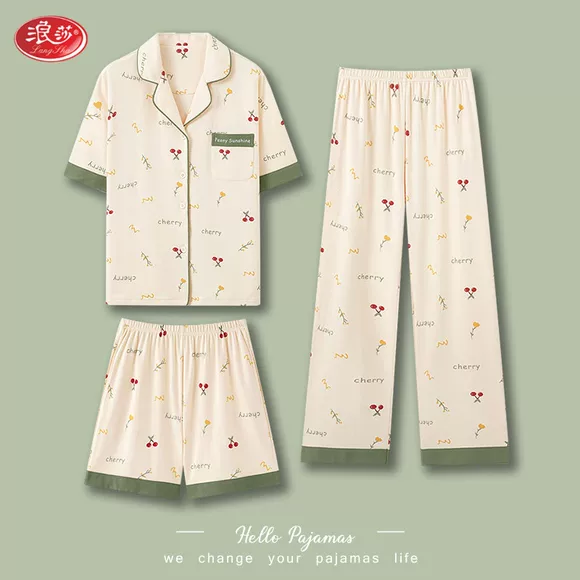 Đồ ngủ nữ mùa hè cotton ngắn tay ngắn dịch vụ tại nhà cotton mỏng phần mùa hè phiên bản Hàn Quốc của giải trí tươi mát XL - Bộ Pajama đồ bộ pijama