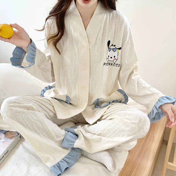 Bộ đồ ngủ mùa xuân và mùa thu mùa đông của phụ nữ cotton dài tay dày cardigan mẹ dịch vụ nhà mùa đông phần mỏng phù hợp với bộ đồ những kiểu đồ bộ may đẹp