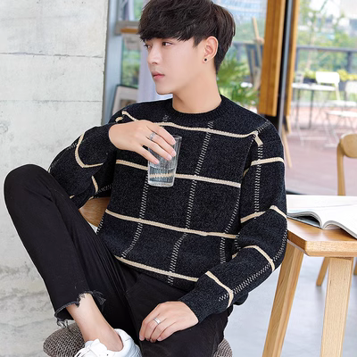Áo len nam phiên bản Hàn Quốc của xu hướng lỏng cổ tròn kẻ sọc dài tay kẻ sọc áo len nam đứng đầu áo khoác nam - Cardigan vest nam