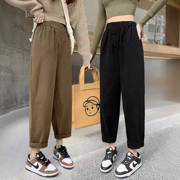 Quần nữ sinh viên lỏng lẻo Hàn Quốc thể thao ulzzang hoang dã cộng với quần nhung mới giản dị là quần harem mỏng mùa thu quần baggi nữ công sở