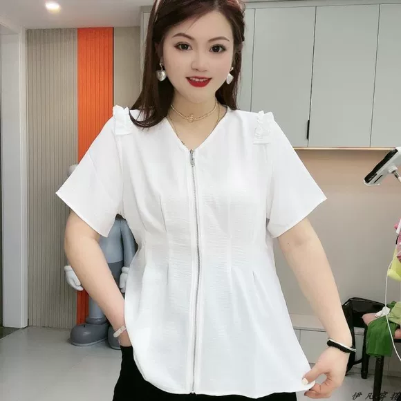 Nhỏ tươi kích thước lớn nữ micro chất béo mm bìa bụng lão hóa ngắn tay áo sơ mi kẻ sọc hoang dã vuông cổ áo áo nước ngoài 2018 mùa hè áo sơ mi nữ đẹp 2020