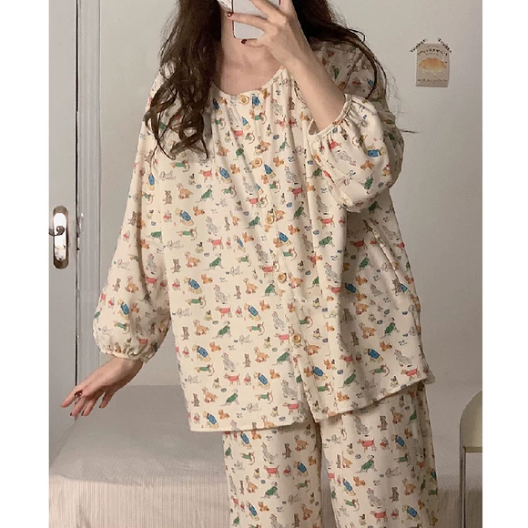 Đồ ngủ nữ sinh Hàn Quốc mùa hè ngắn tay cotton lụa tơ tằm kimono lỏng mùa hè dịch vụ nhà mùa hè - Bộ Pajama bộ lụa mặc nhà
