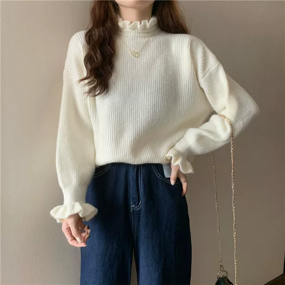 Áo len nữ mùa thu đông 2018 mới cổ tròn tai gỗ mỏng giảm béo áo len Hàn Quốc áo thun dài tay