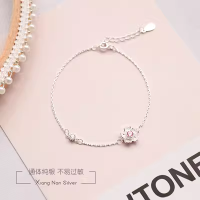 [South Lane] Vòng tay hoa anh đào màu hồng 925 sterling bạc Sen nhỏ vòng tay tươi Nhật Bản và Hàn Quốc đơn giản món quà sáng tạo nữ vòng tỳ hưu vàng
