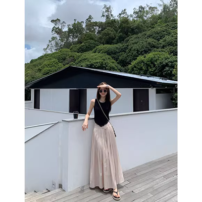 2019 mới của phụ nữ mùa hè mới voan cao eo thon tay áo ren siêu dài - Váy eo cao 	váy hạ eo xếp ly	